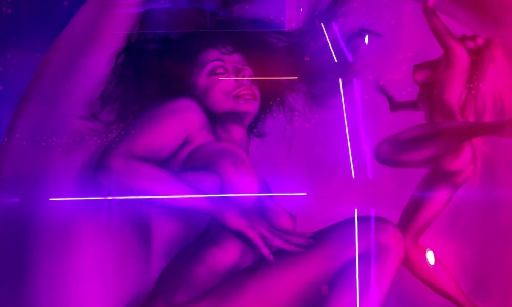 A vibrant nightlife scene in Amsterdam with neon lights. Dancing people under colorful lights.